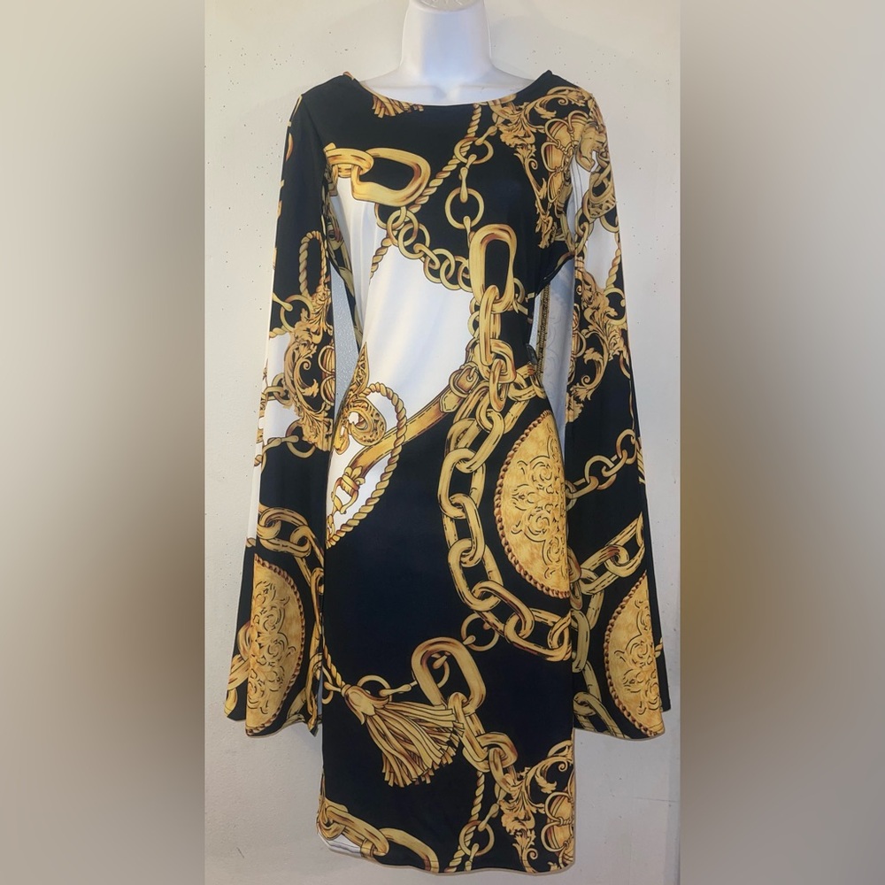 Ashley Stewart Black and Gold Chain Print Dress - Picture 6 of 7